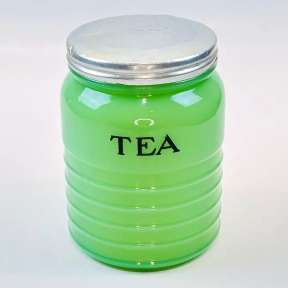 JEANNETTE Jadeite Jadite Green Glass Horizontal Ribbed TEA CANISTER Uranium Jade - Picture 1 of 7